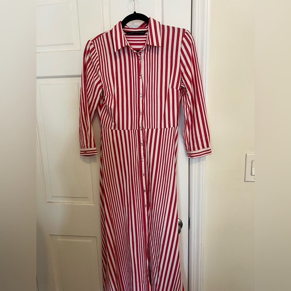 Zara red and white striped collar button down dress